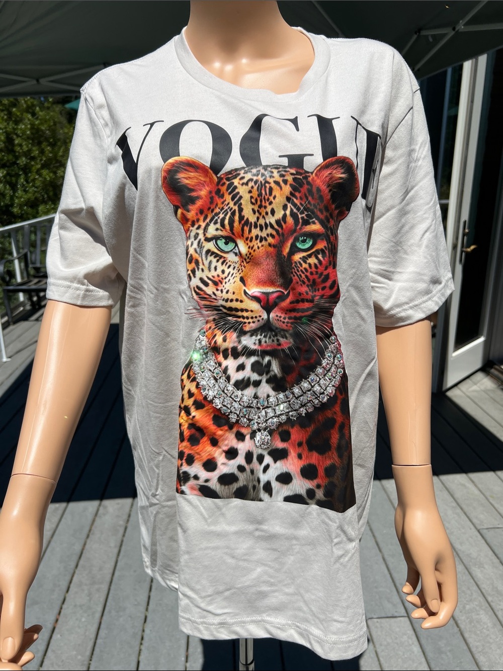 Beige Tee  Leopard Graphic with Scattered Rhinestones on Jewel-Collar Size L& XL